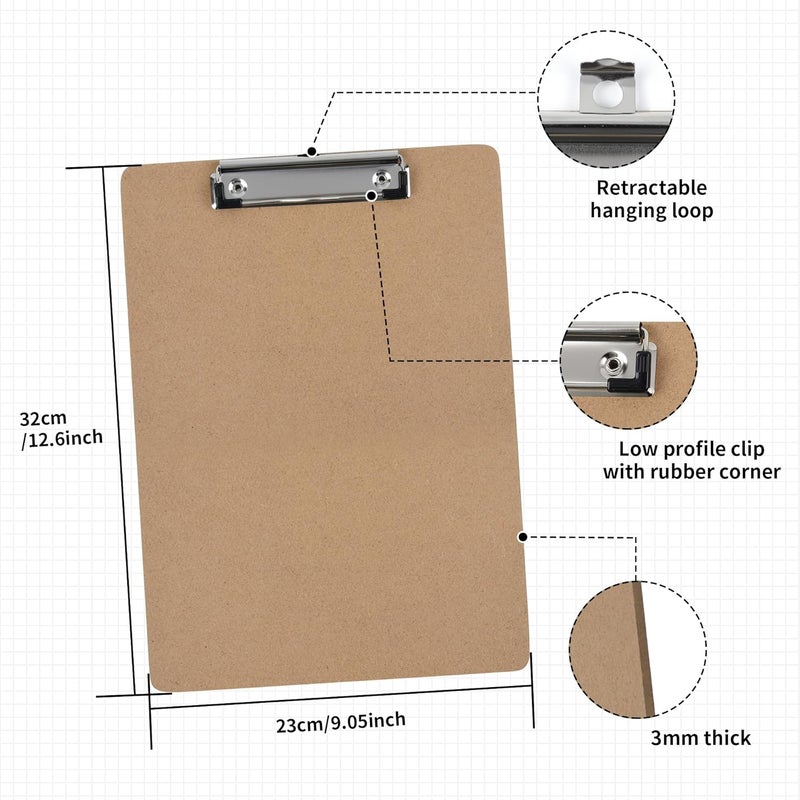 Uzant Clipboards 20 Pack Letter Size 9" x 12.5" Clipboards Bulk, Wooden Hardboard A4 Clip Boards Pack for 8.5" x 11" Paper with Low Profile Clip, Hanging Loop for Office Home Classroom - Image 2